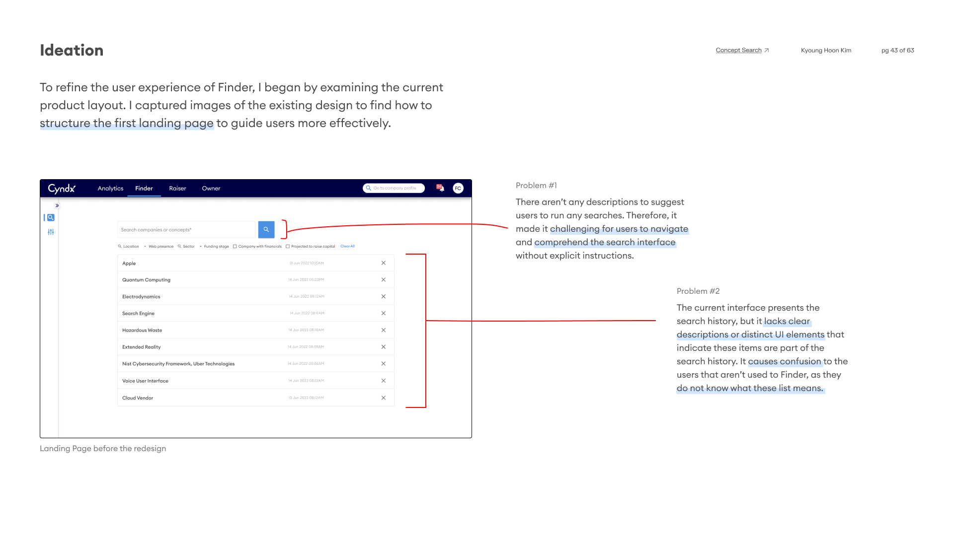 Finder landing page before the redesign, annotated with problems 1 and 2