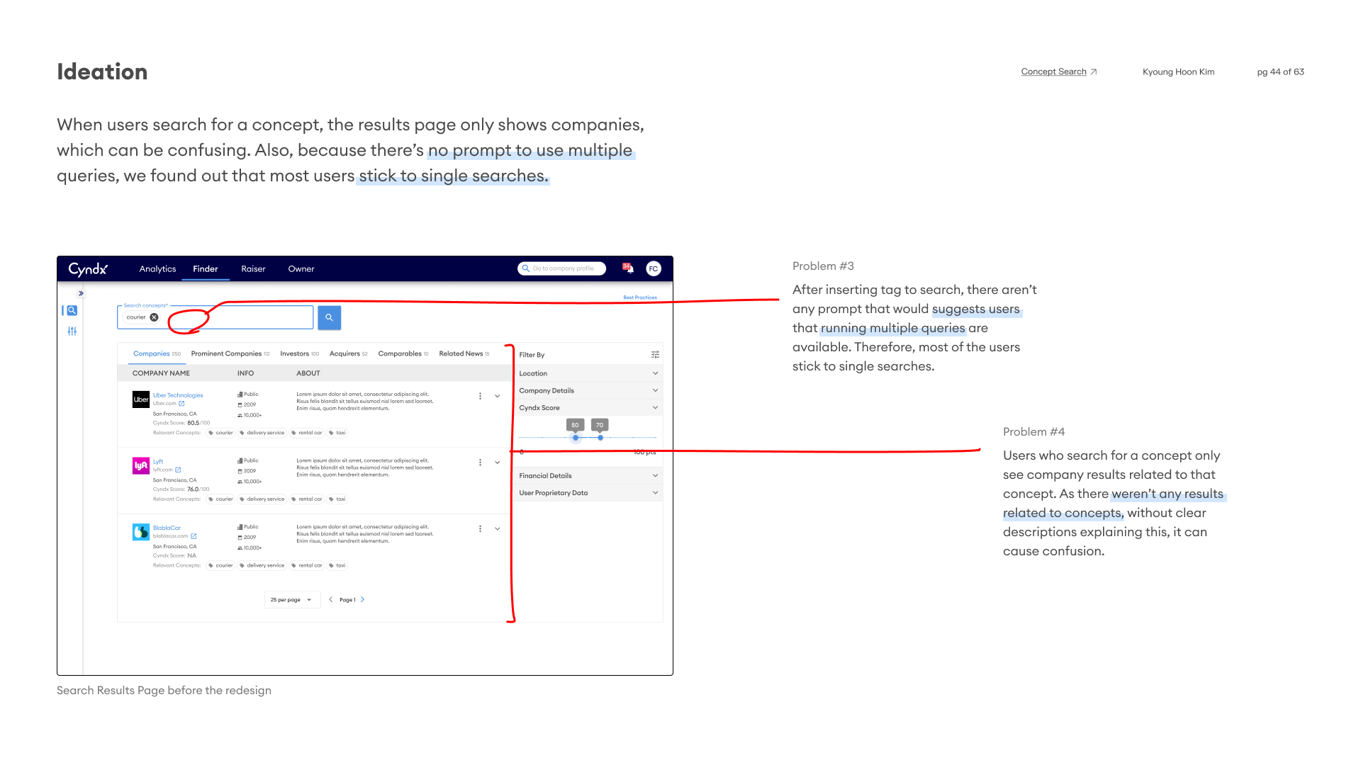 Finder search results page before the redesign, annotated with problems 3 and 4