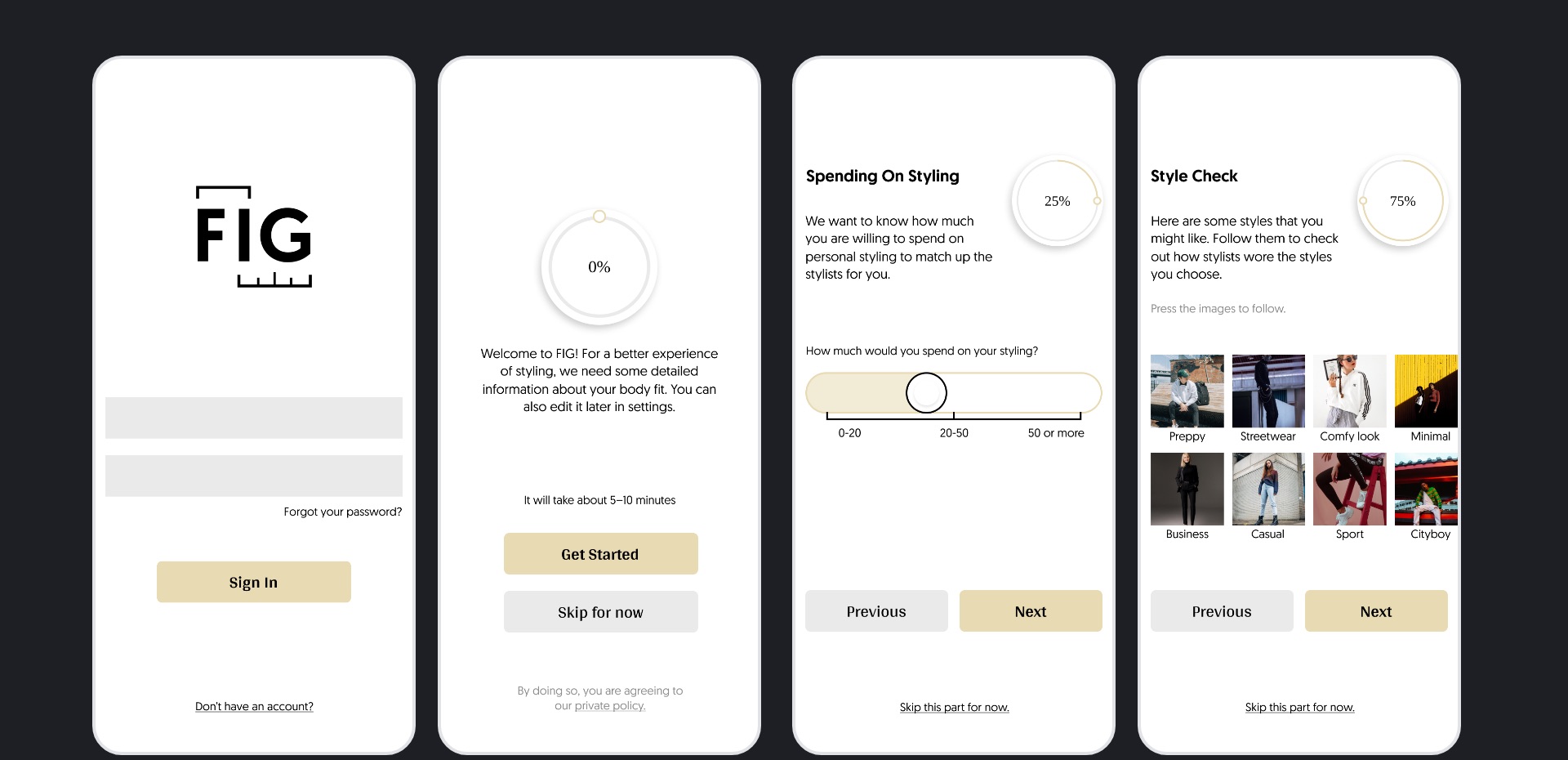 Final UI: sign-in and onboarding flow — body-fit, spending-on-styling, and style-check screens
