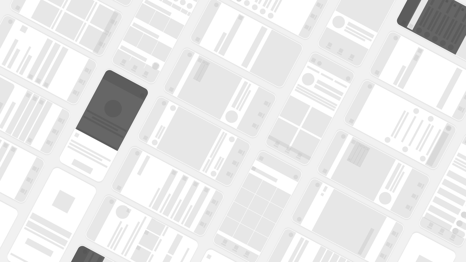 Tilted montage of grayscale wireframe screens