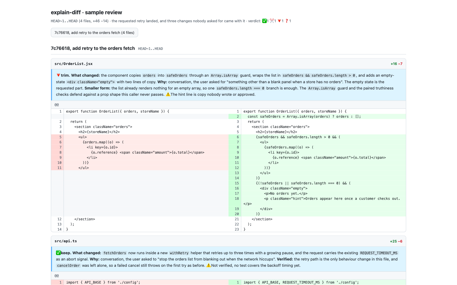 The explain-diff HTML report on a sample review, showing a file card with its verdict and reasoning
