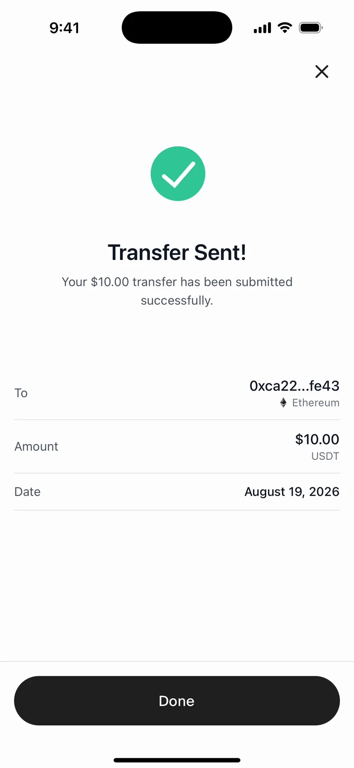 The send flow’s success screen: a green check over “Transfer Sent!” and the receipt.